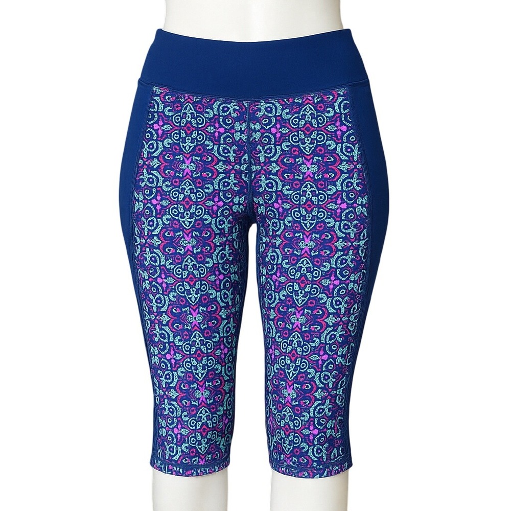 Pro Player Womens XL Capri Leggings Blue Floral Stretch Active Workout Pants